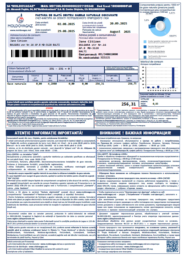 Moldova Moldovagaz utility bill template in Word and PDF formats